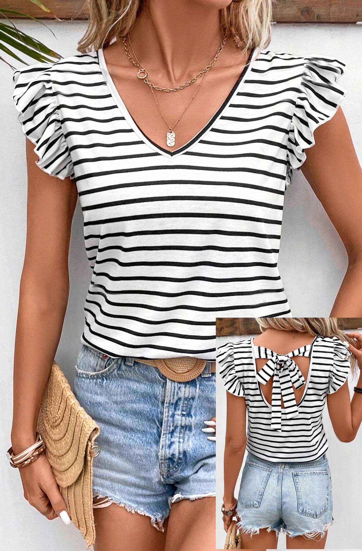 Abigail Striped Bow Tie Up T. Shirt Top-Ivory