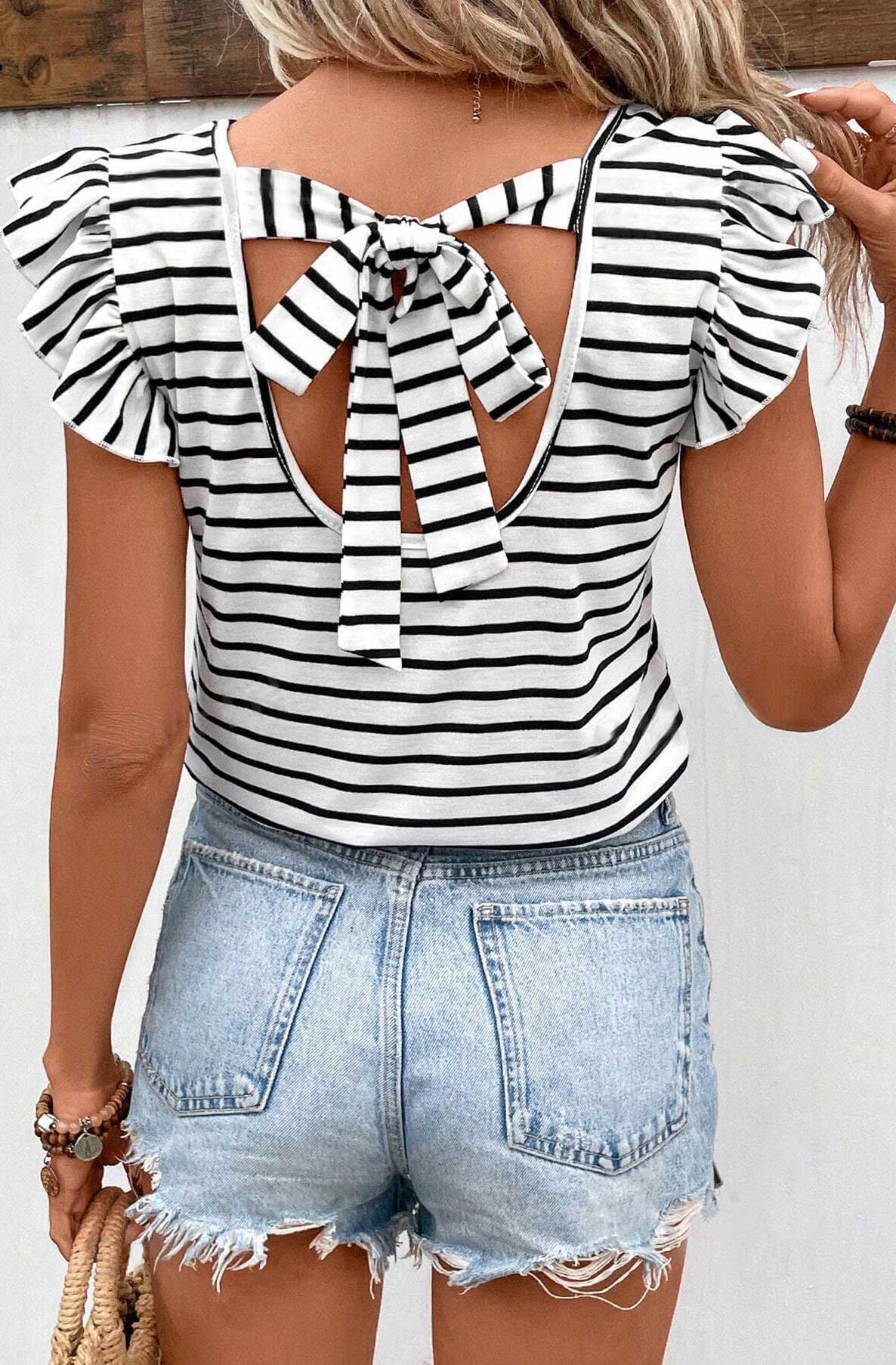 Abigail Striped Bow Tie Up T. Shirt Top-Ivory