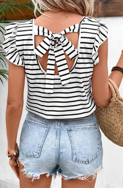 Abigail Striped Bow Tie Up T. Shirt Top-Ivory