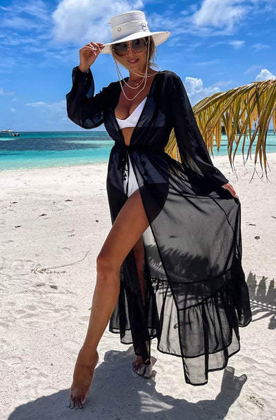 Ahalia Beach Cover Up Maxi Wrap Dress-Black