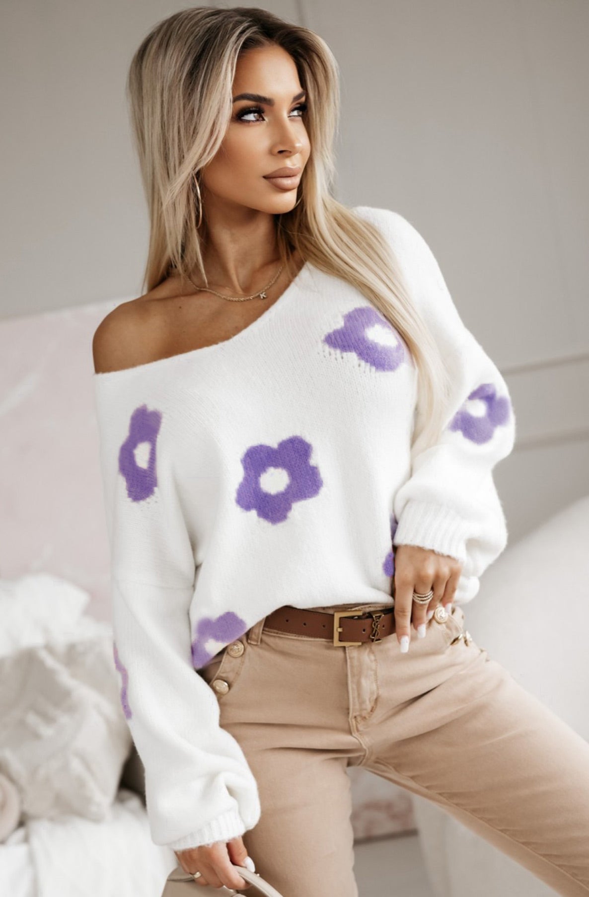 Ahara Floral Knitted Jumper Sweater Top-Purple