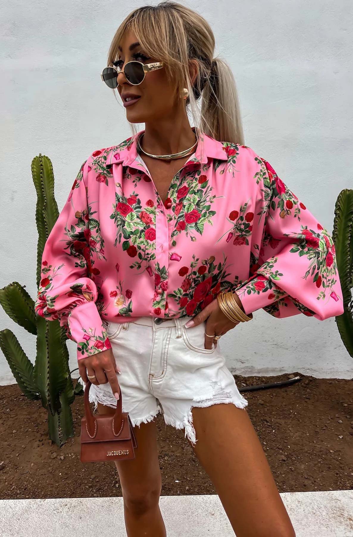 Alania Satin Floral Blouse Shirt Top-Pink