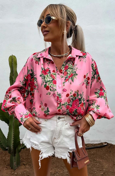 Alania Satin Floral Blouse Shirt Top-Pink