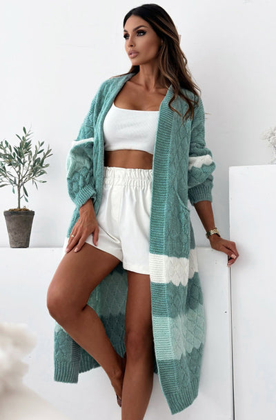 Alexis Longline Contrast Knitted Cardigan-Sage