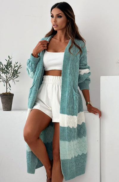 Alexis Longline Contrast Knitted Cardigan-Sage