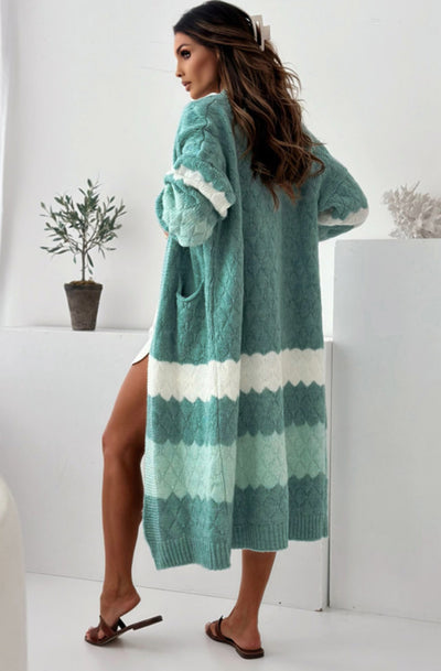 Alexis Longline Contrast Knitted Cardigan-Sage