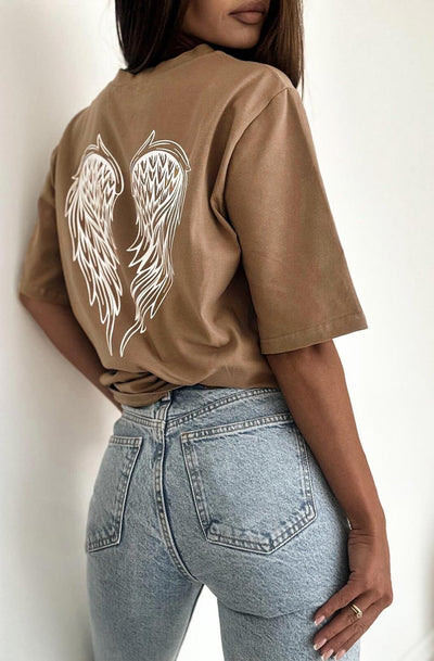 'Angel' Wings Graphic Printed T. Shirt Top-Camel