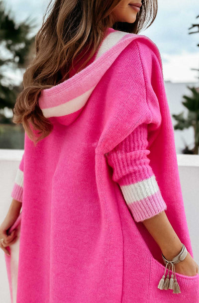 Bahira Longline Hooded Knitted Cardigan-Hot Pink