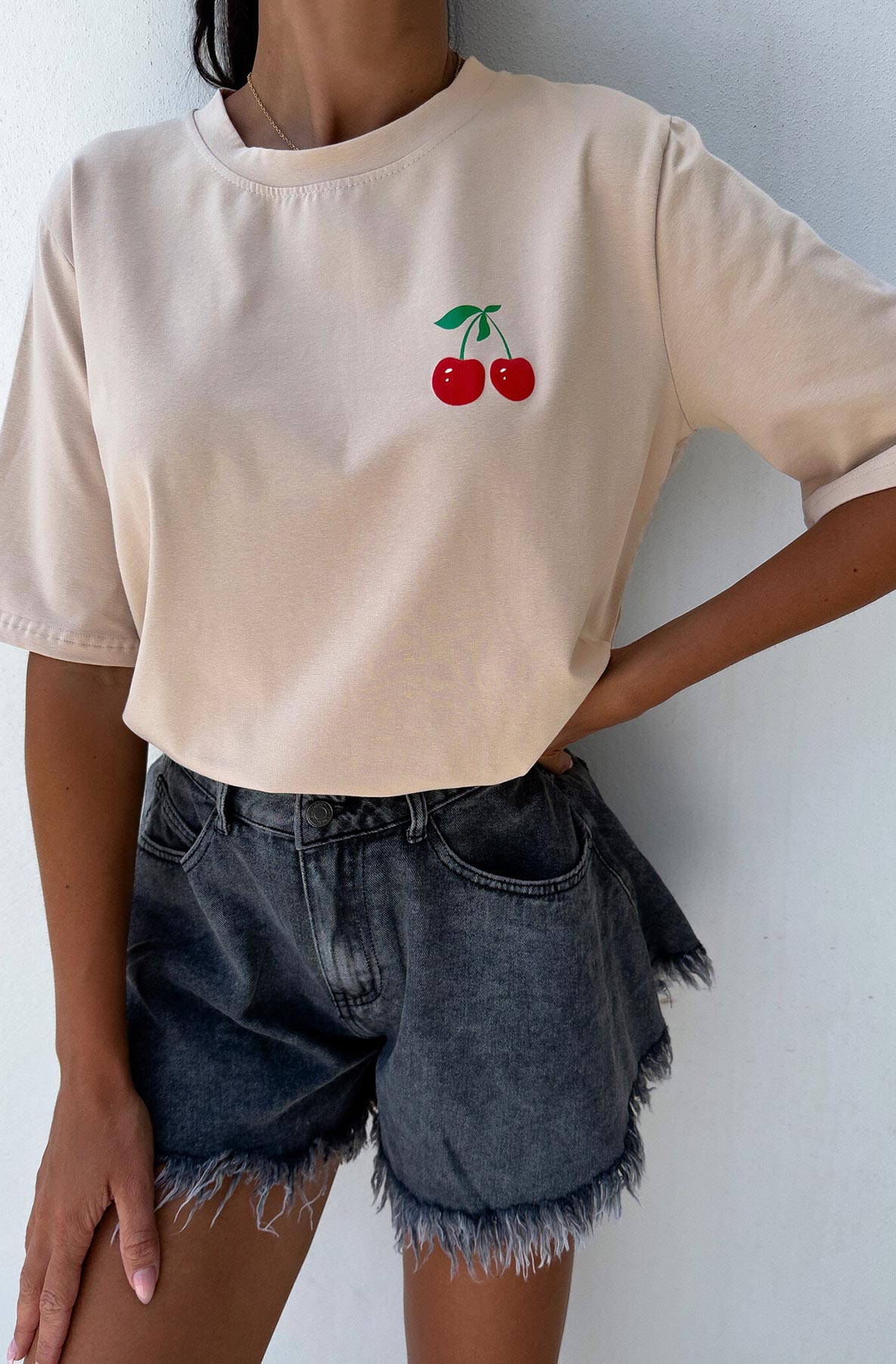 'Cherry' Graphic Printed T. Shirt Top-Stone