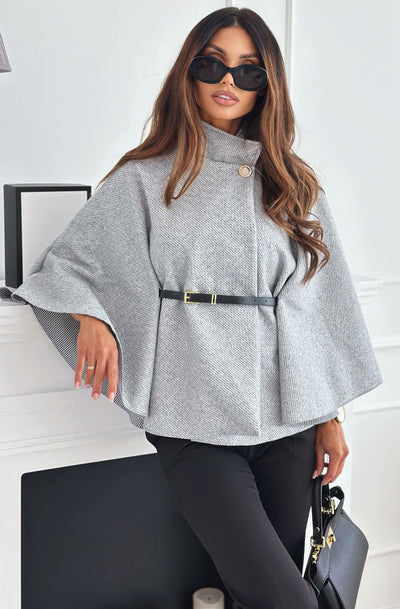 Cherise Button Detail Belted Poncho-Grey