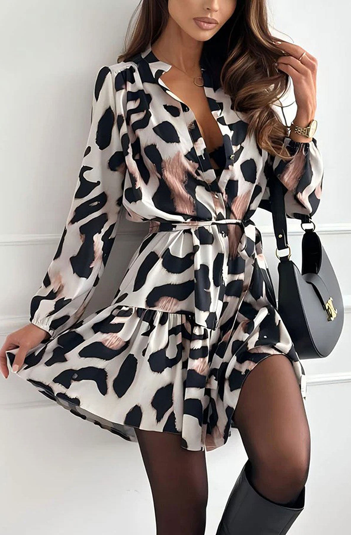 Chloe Animal Print Belted Frill Dress-Stone