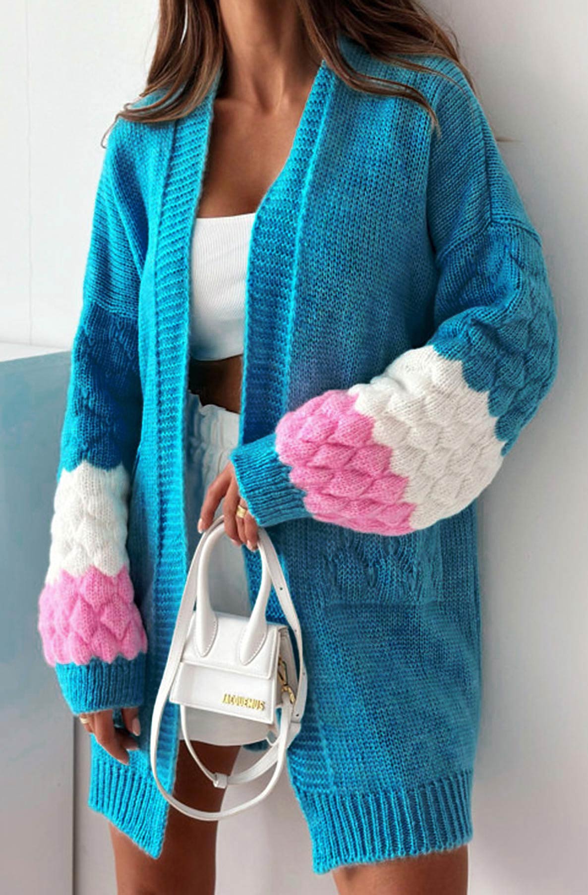 Demi Longline Contrast Knitted Cardigan-Blue