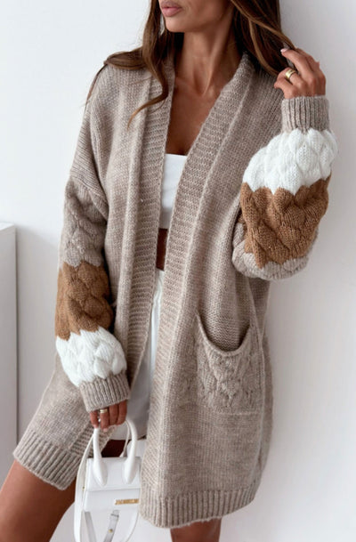 Demi Longline Contrast Knitted Cardigan-Brown