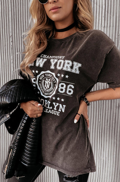 Farah 'NY Brooklyn' Graphic Printed Oversized T. Shirt Top-Charcoal