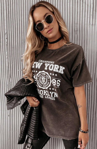 Farah 'NY Brooklyn' Graphic Printed Oversized T. Shirt Top-Charcoal