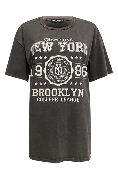 Farah 'NY Brooklyn' Graphic Printed Oversized T. Shirt Top-Charcoal