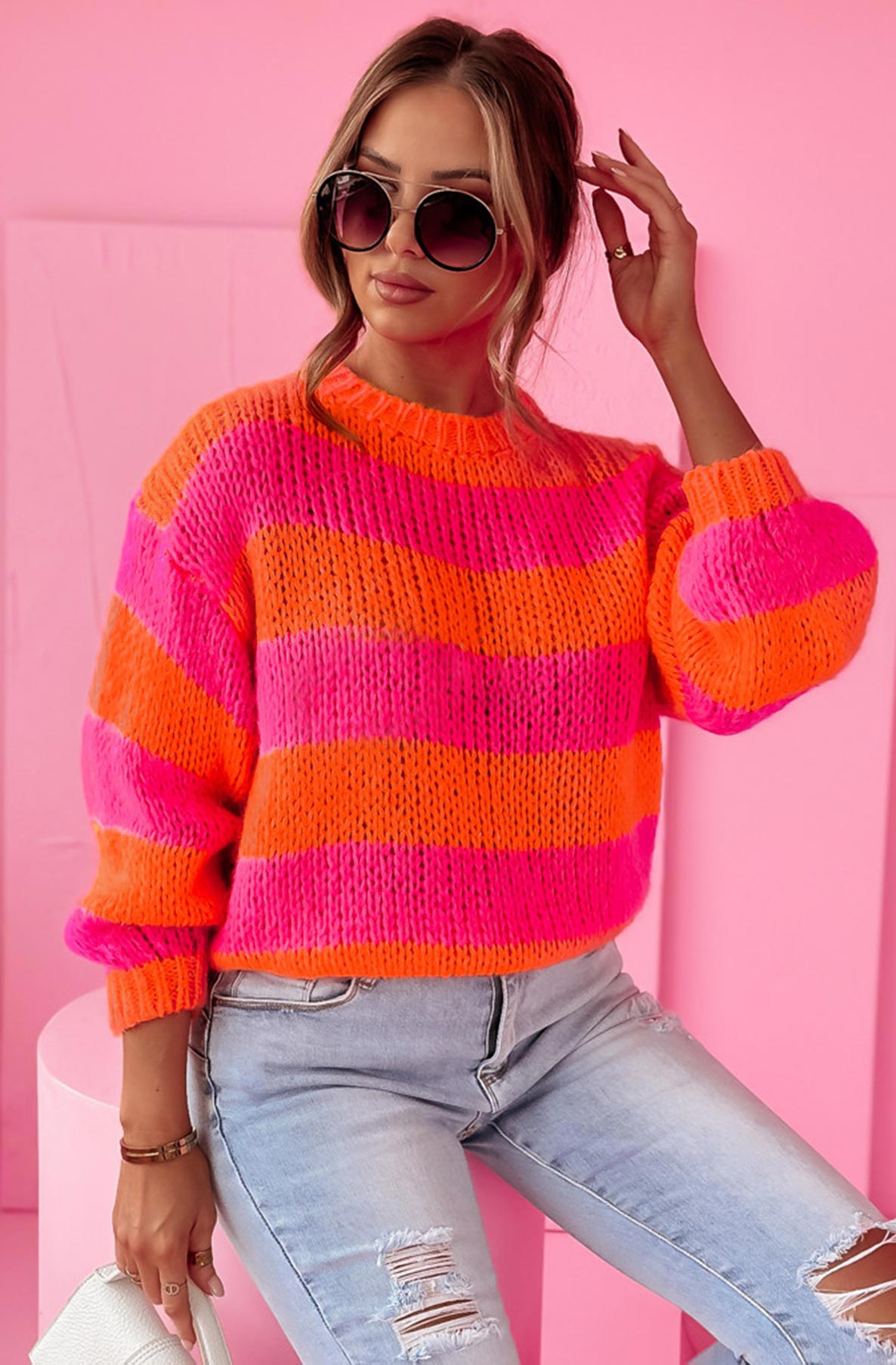 Kasie Striped Knitted Jumper Sweater Top-Orange