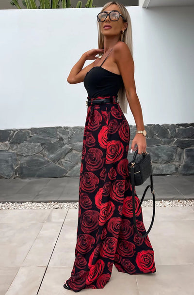 Kym Floral Wide Leg Trousers-Red