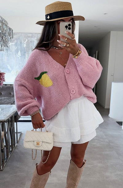 'Lemon Cello' Graphic Oversized Knitted Cardigan-Pink