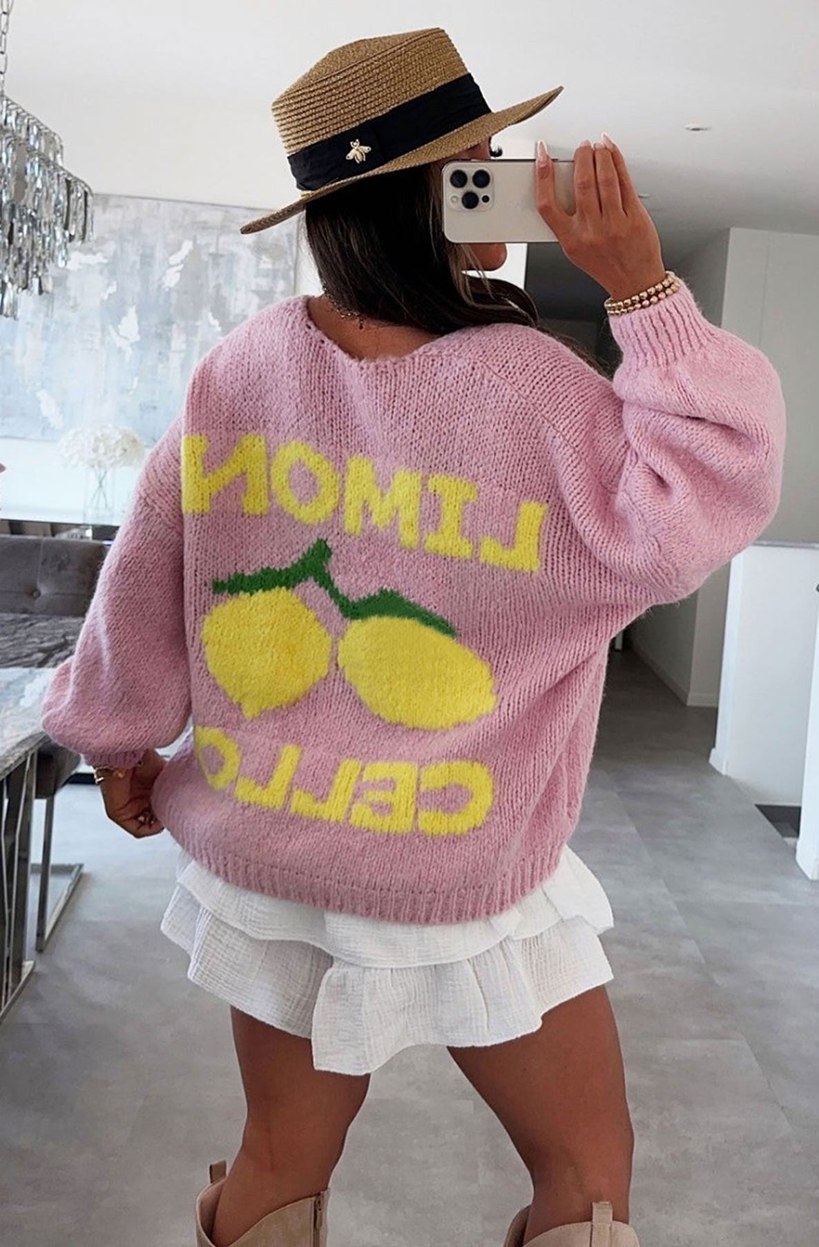 'Lemon Cello' Graphic Oversized Knitted Cardigan-Pink