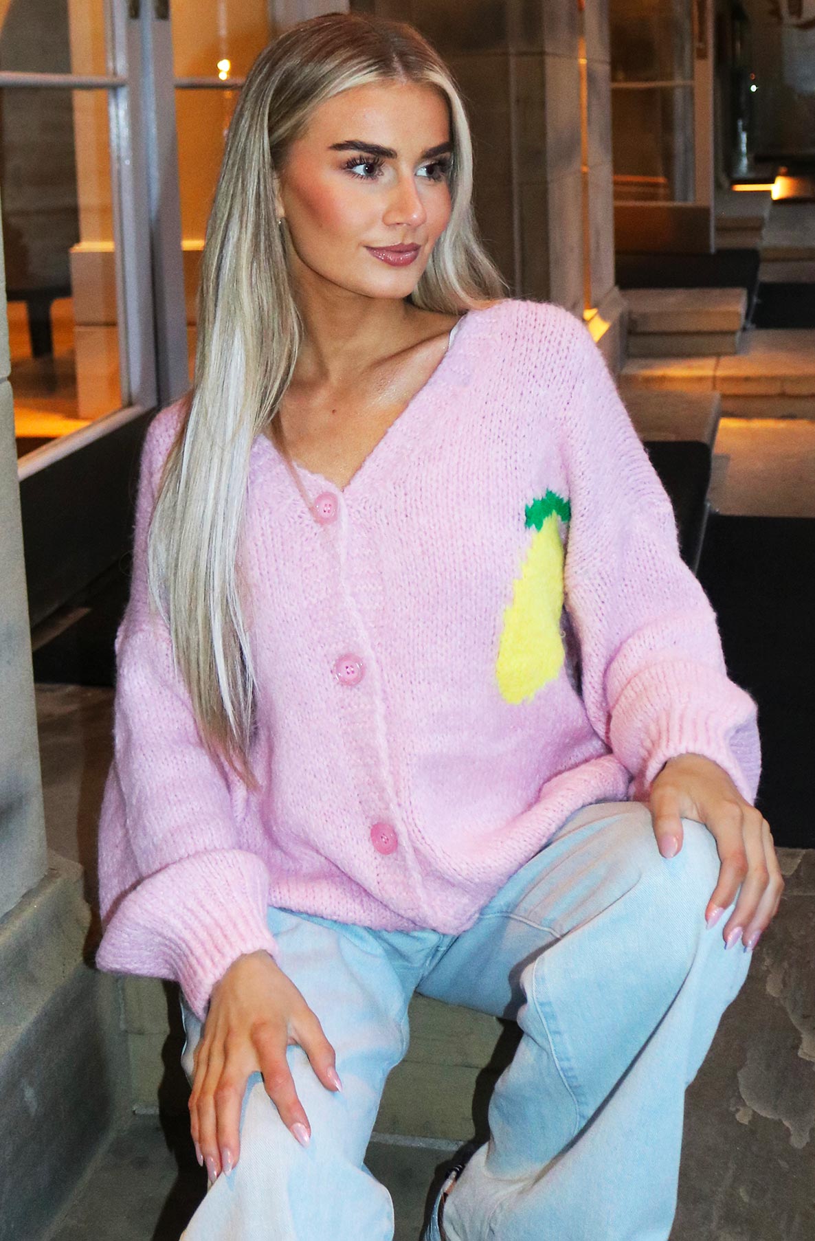 'Lemon Cello' Graphic Oversized Knitted Cardigan-Pink