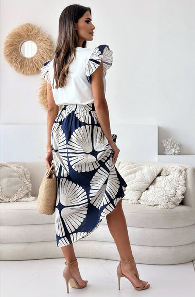 Lina Patterned Frill Two Piece Co-Ord Set-Navy