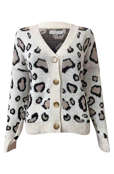 Lynda Leopard Print Knitted Cardigan-Stone