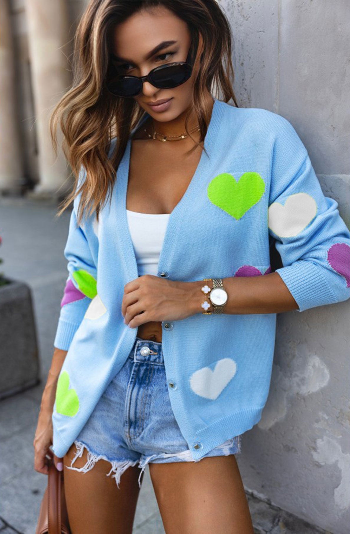 Mabel Heart Printed Knitted Cardigan-Blue