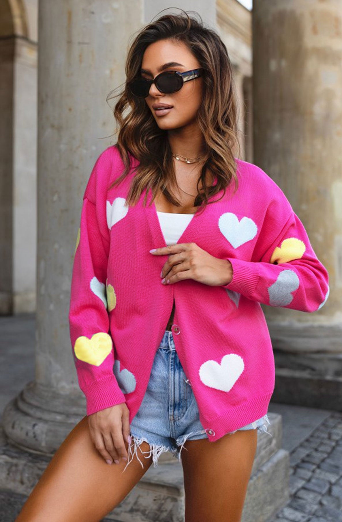 Mabel Heart Printed Knitted Cardigan-Pink