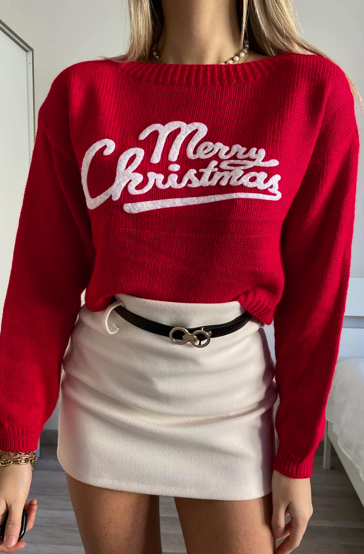 'Merry Christmas' Printed knitted Jumper Sweater Top-Red