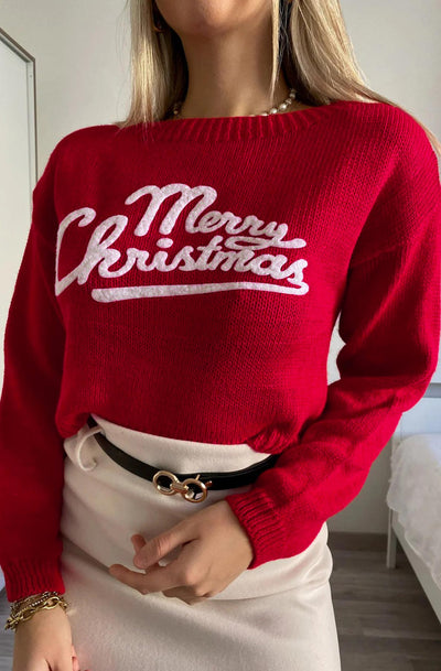 'Merry Christmas' Printed knitted Jumper Sweater Top-Red