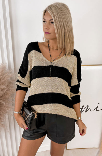 Nevaeh Shimmer Knitted Jumper Sweater Top-Black