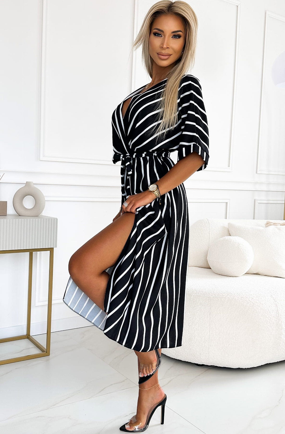 Novana Striped Side Slit Wrap Midaxi Dress-Black
