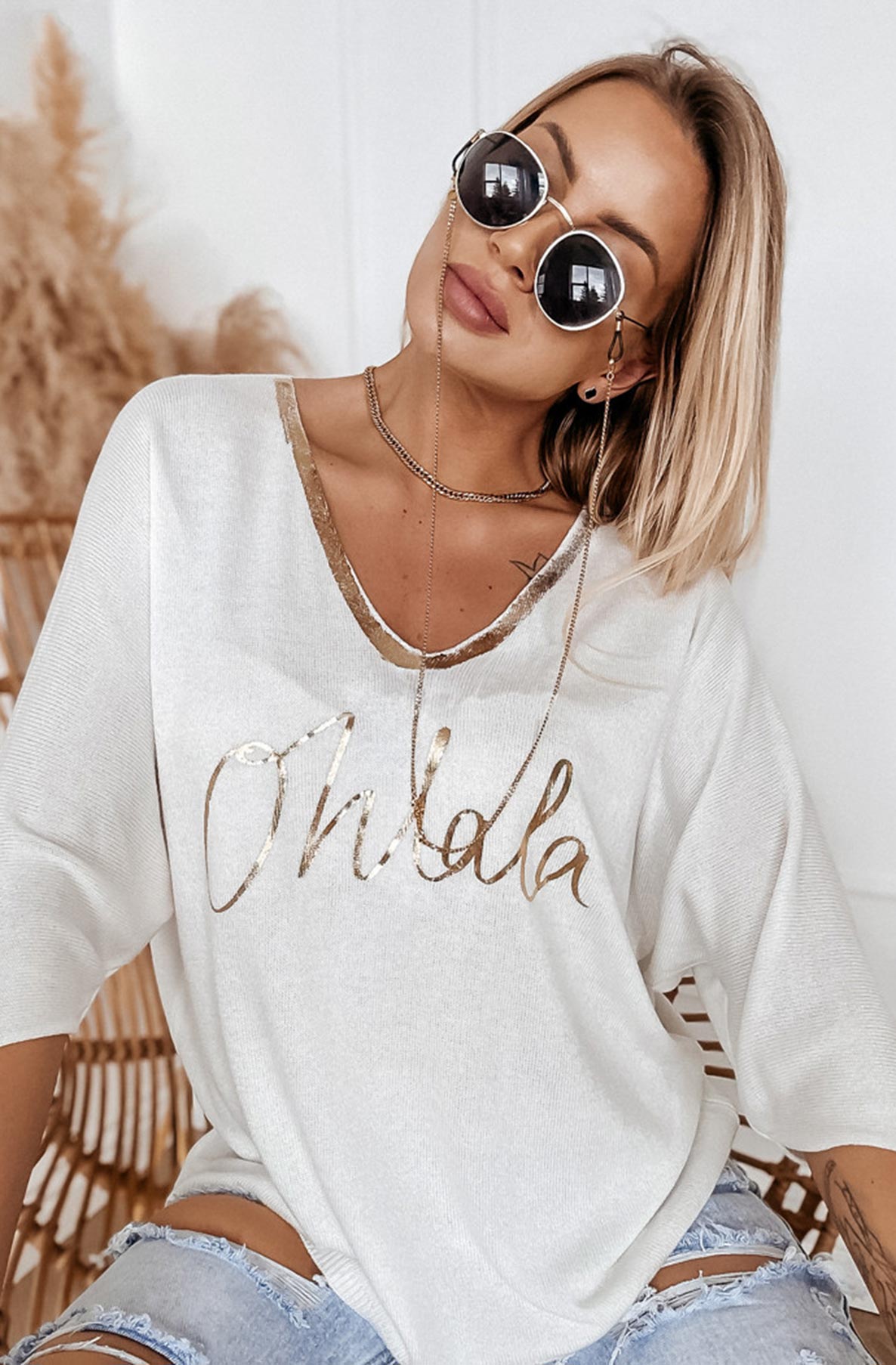 'Oh La La' Metallic Printed Light Knitted Top-Ivory