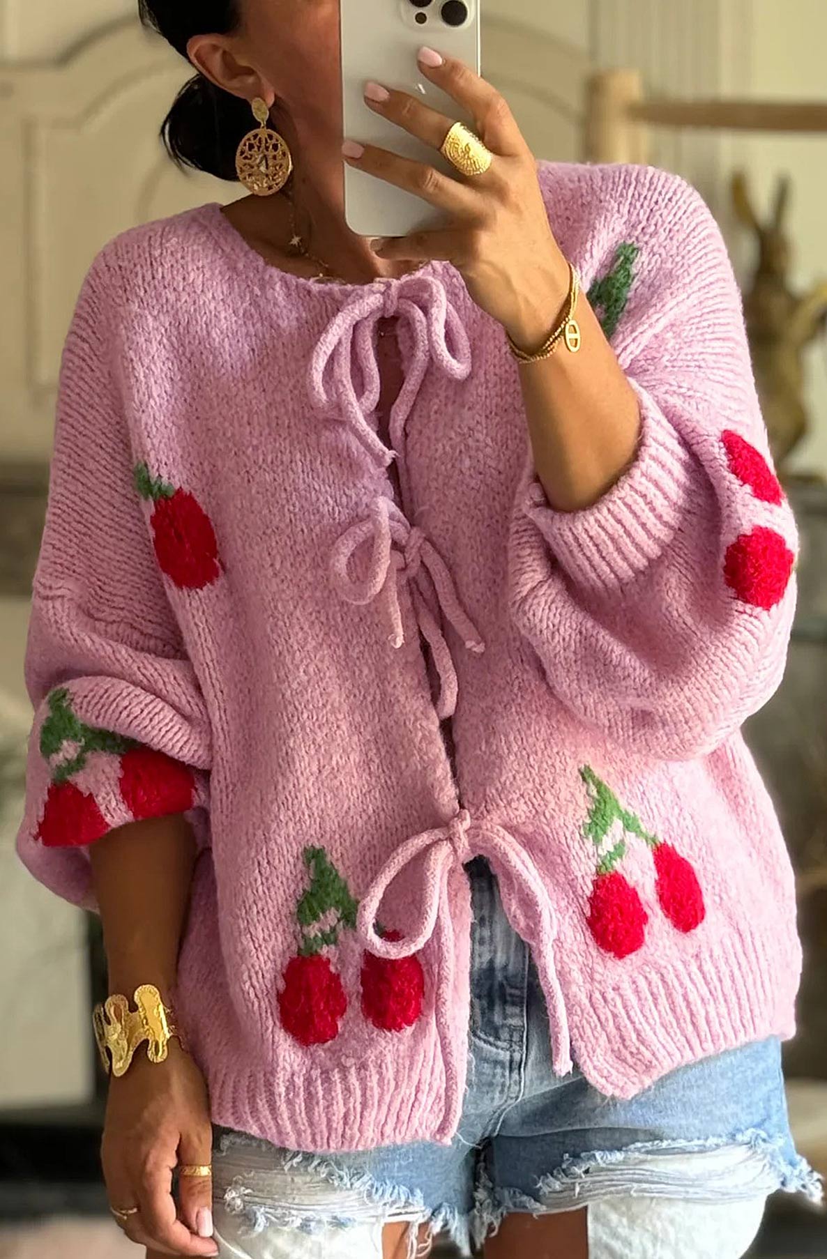 Sabrina 'Cherry' Printed Knitted Tie Up Cardigan-Pink