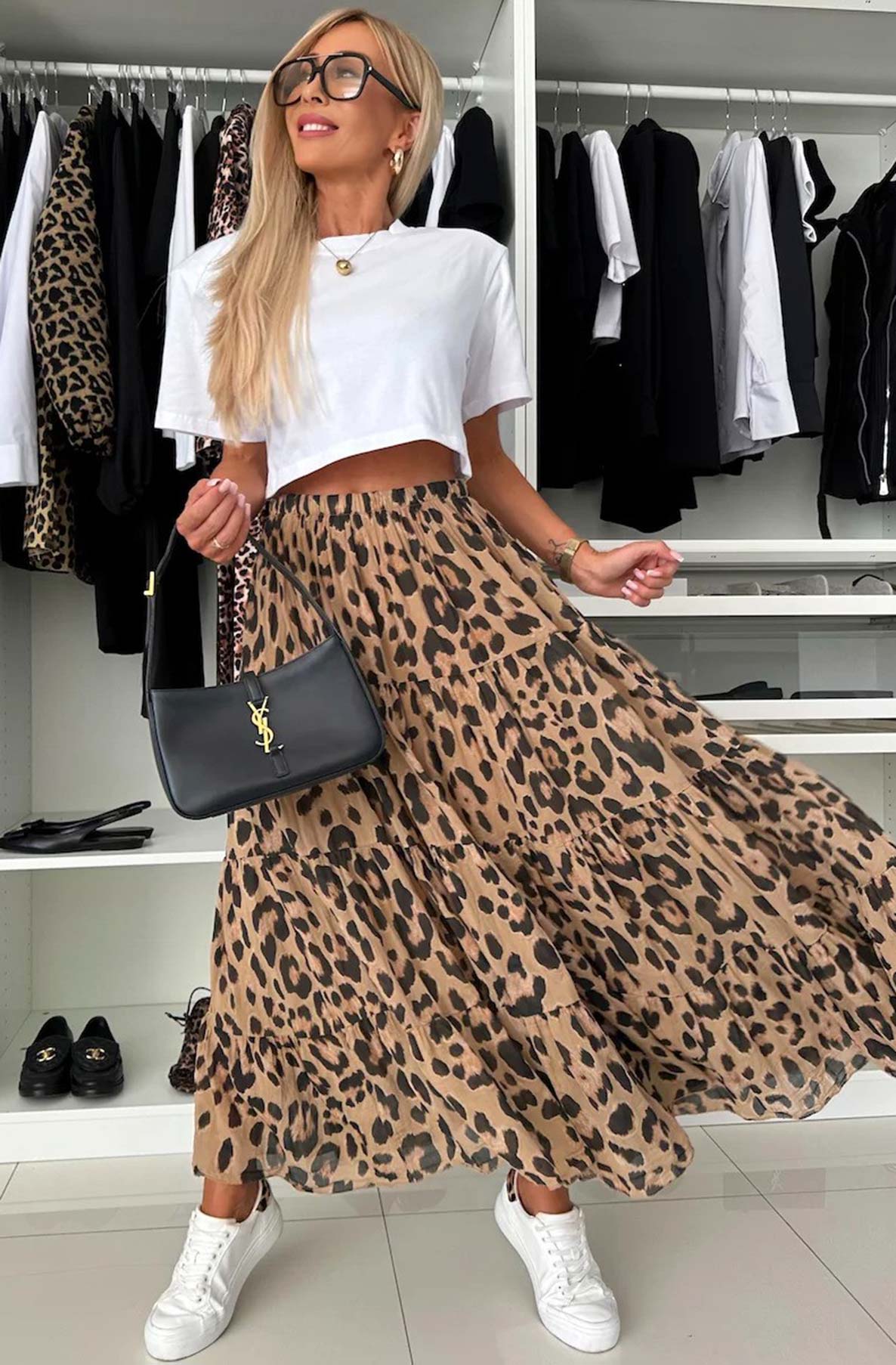 Sandra Animal Print Tiered Maxi Skirt-Brown