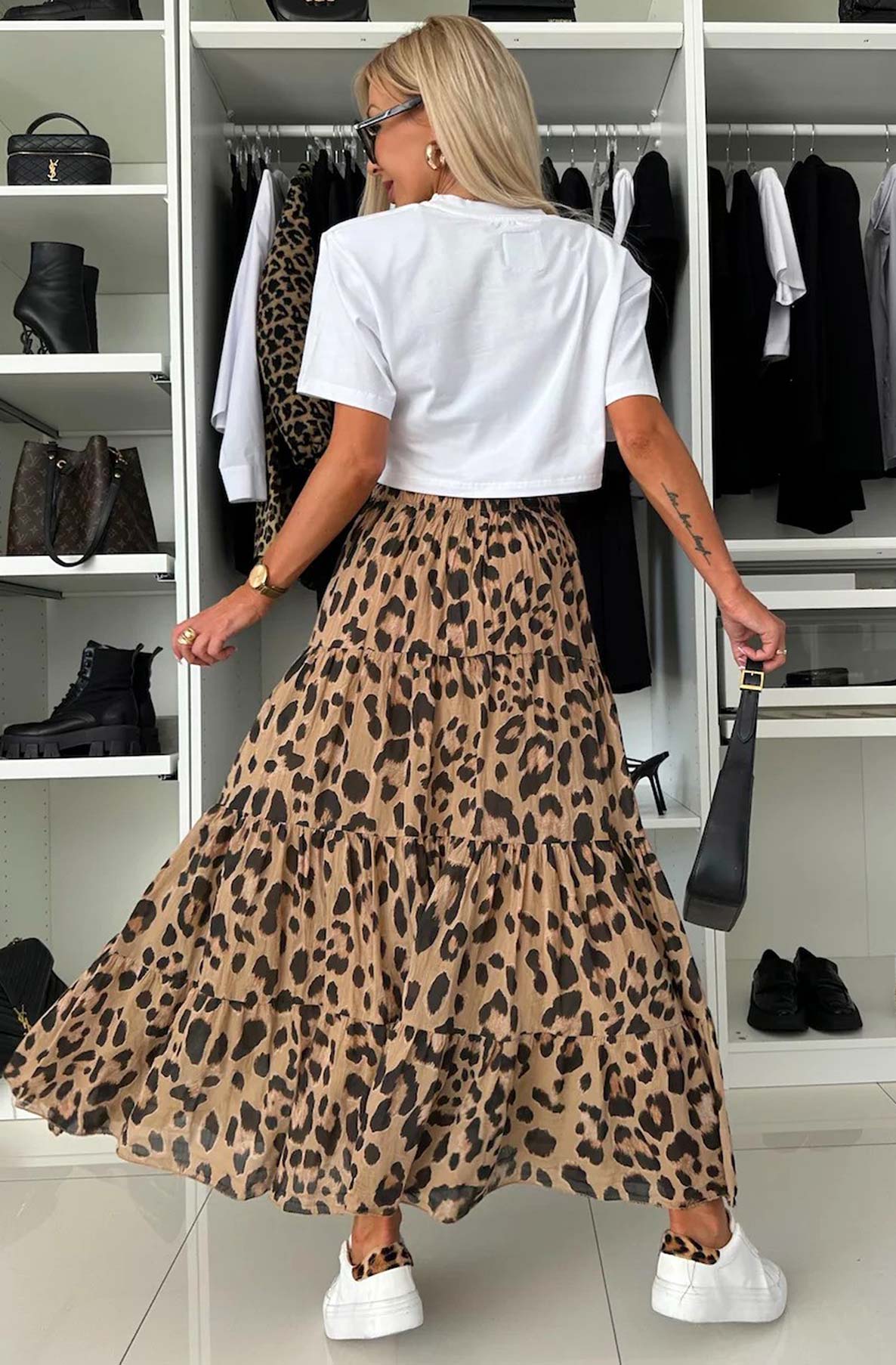 Sandra Animal Print Tiered Maxi Skirt-Brown