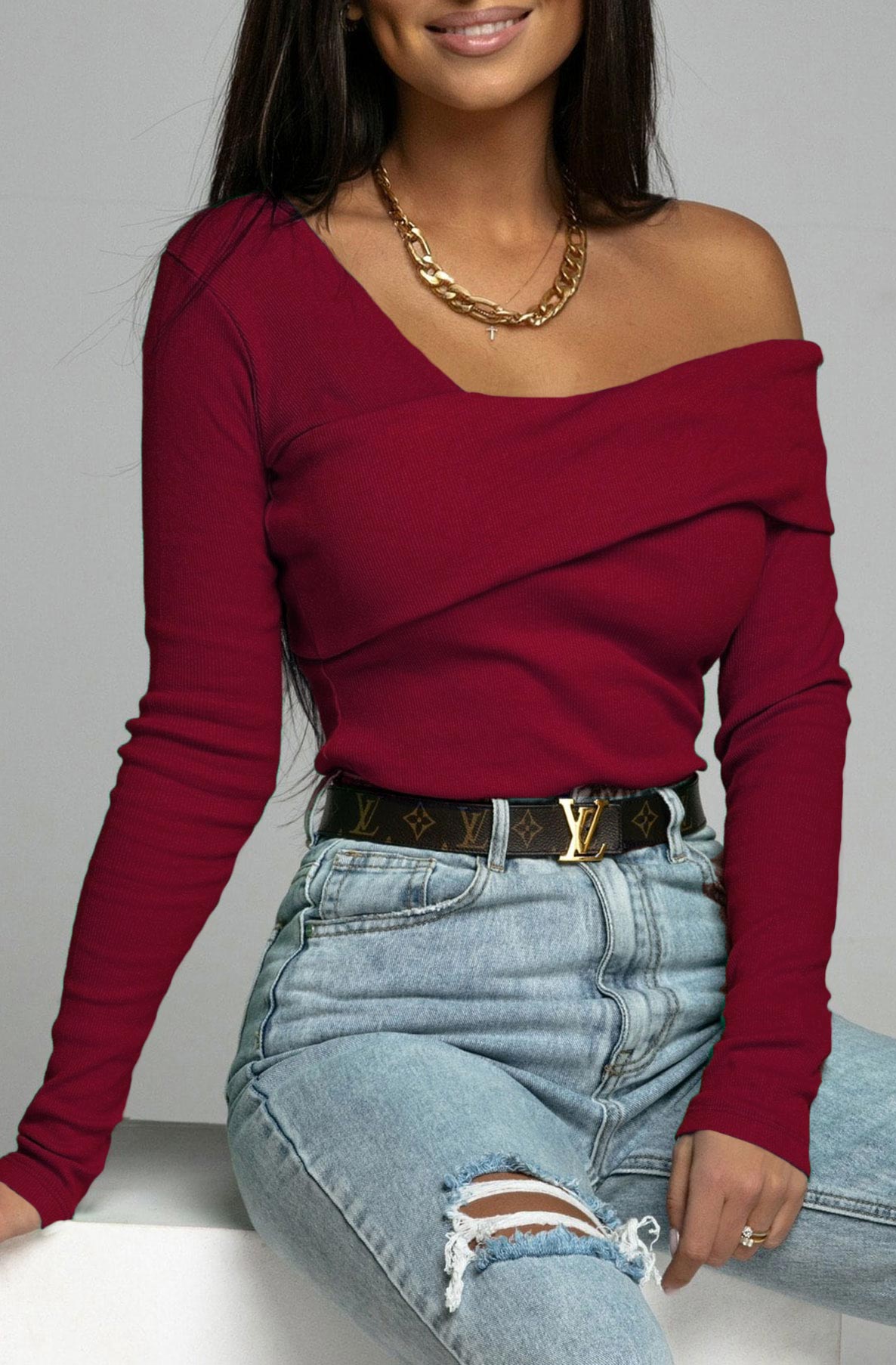 Tabitha Ribbed Bodycon Off Shoulder Top-Wine