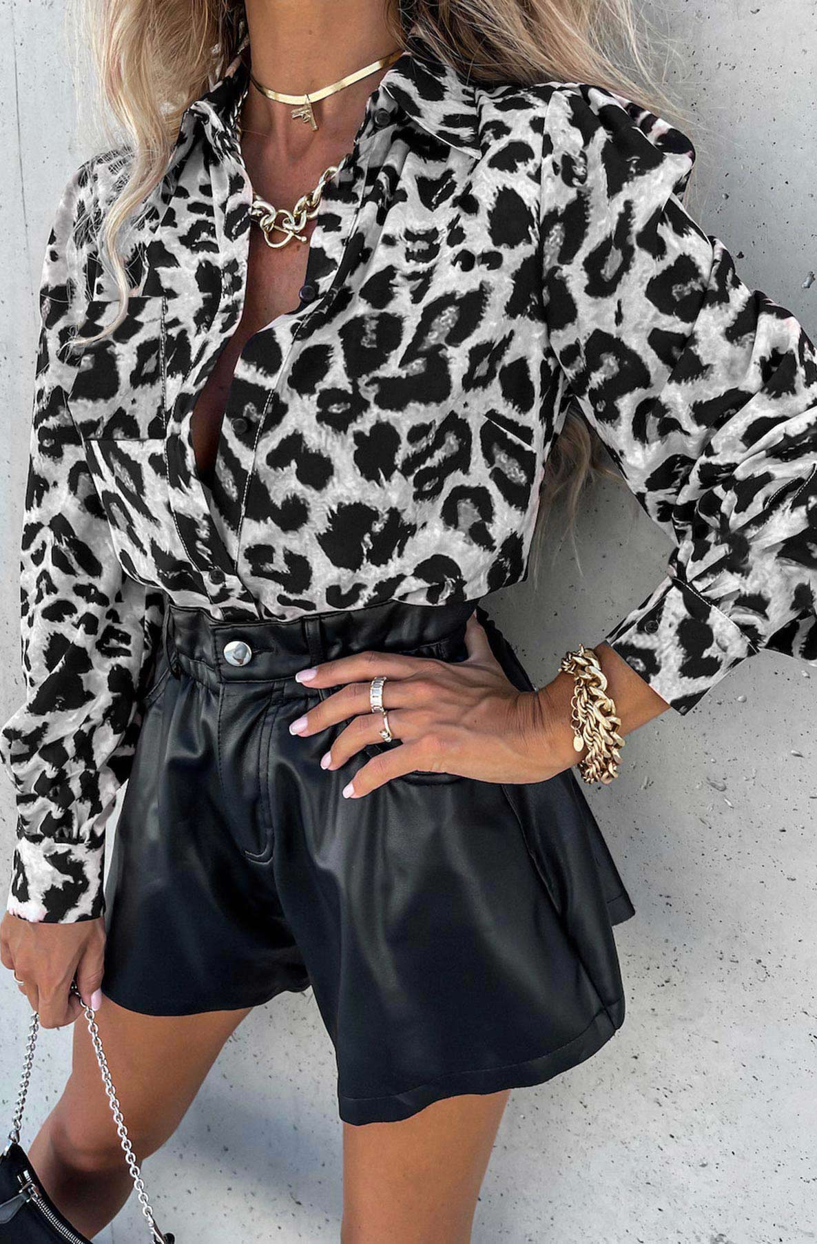 Taylor Leopard Print Blouse Shirt Top-Black