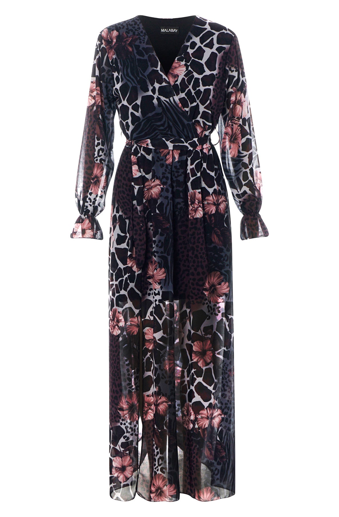 Thandie Animal Print Floral Chiffon Maxi Dress-Purple