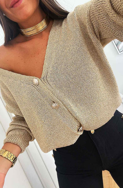 Tyra Button Detail Shimmer Cardigan-Gold