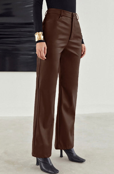 Xenia PU Faux Leather Wide Leg Trousers-Brown