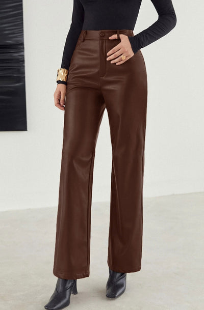 Xenia PU Faux Leather Wide Leg Trousers-Brown