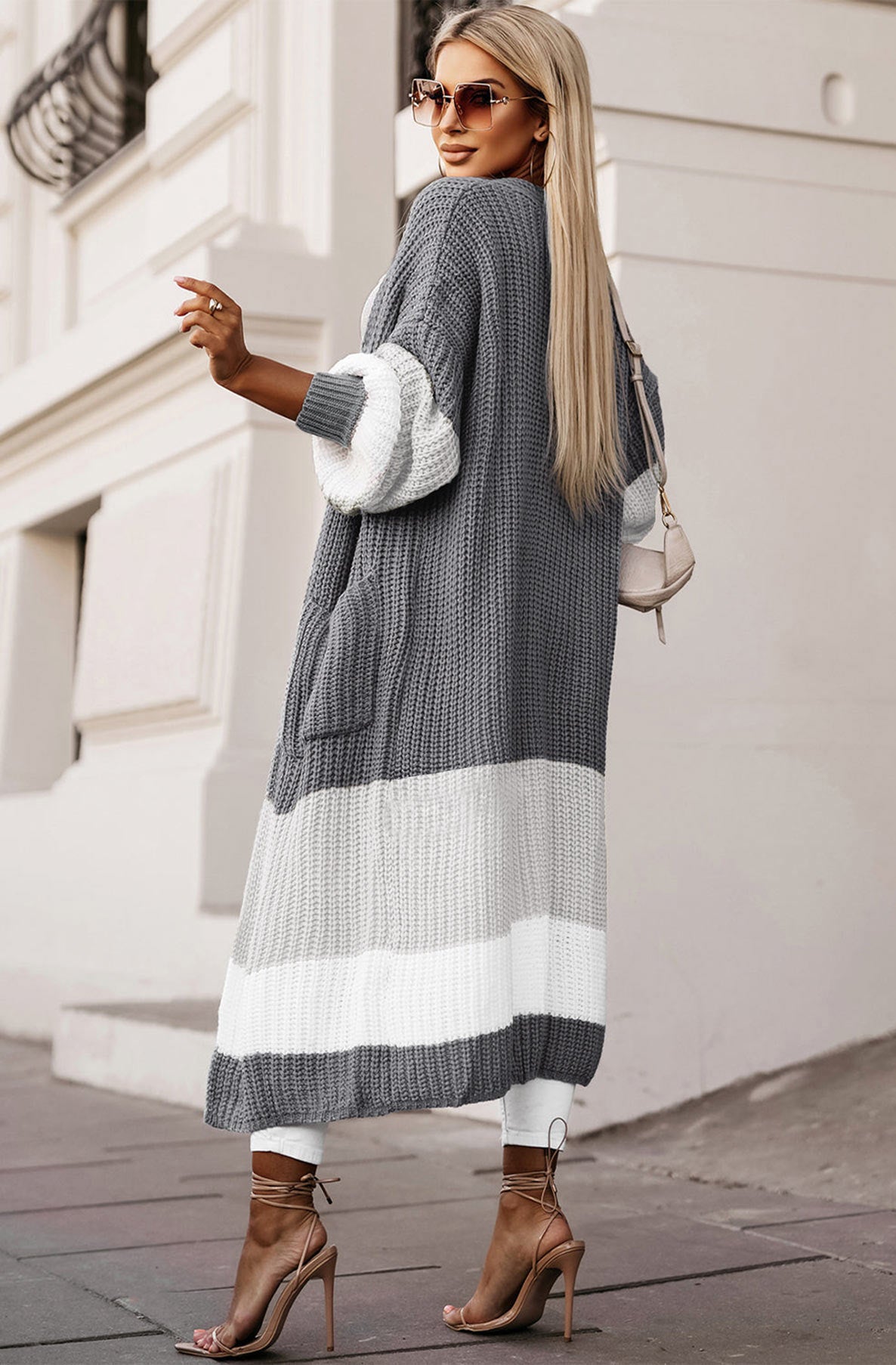 Zameka Longline Colour Block Knitted Cardigan-Grey