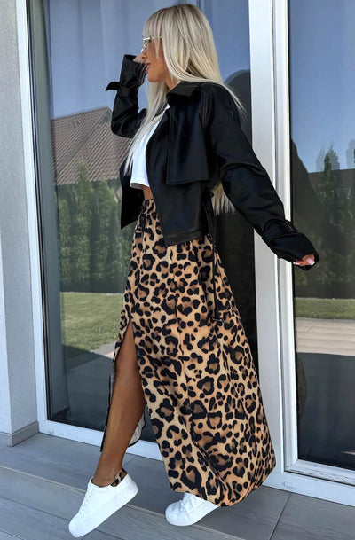 Zelda Leopard Patterned Side Slit Midaxi Skirt-Brown