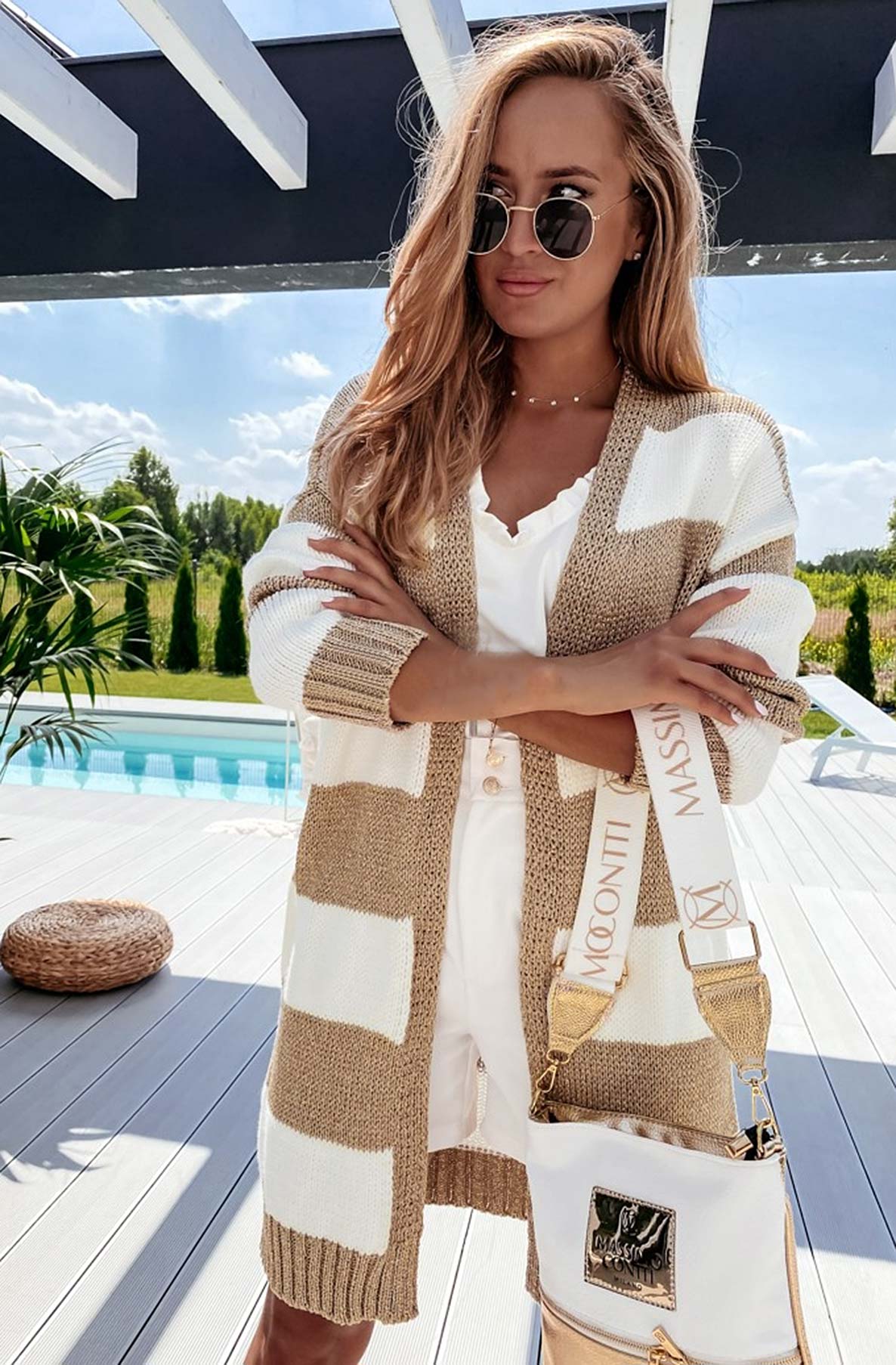 Melody Shimmer Striped Longline Knitted Cardigan-Gold