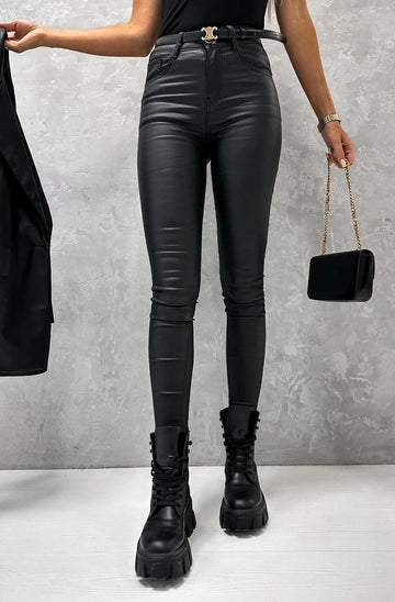 Black Faux Leather Trousers with Back Zip